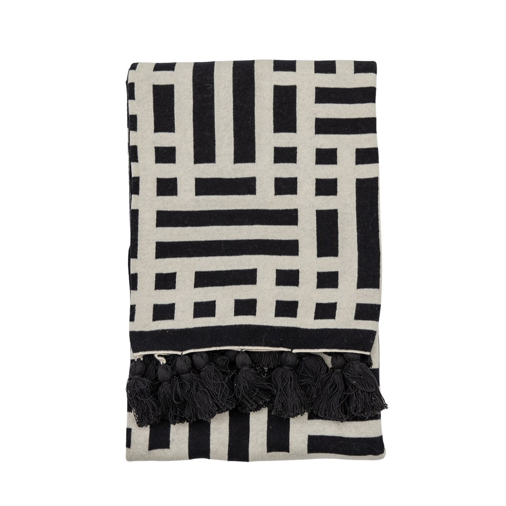 Elio Knitted Geometric Cotton Throw in Black